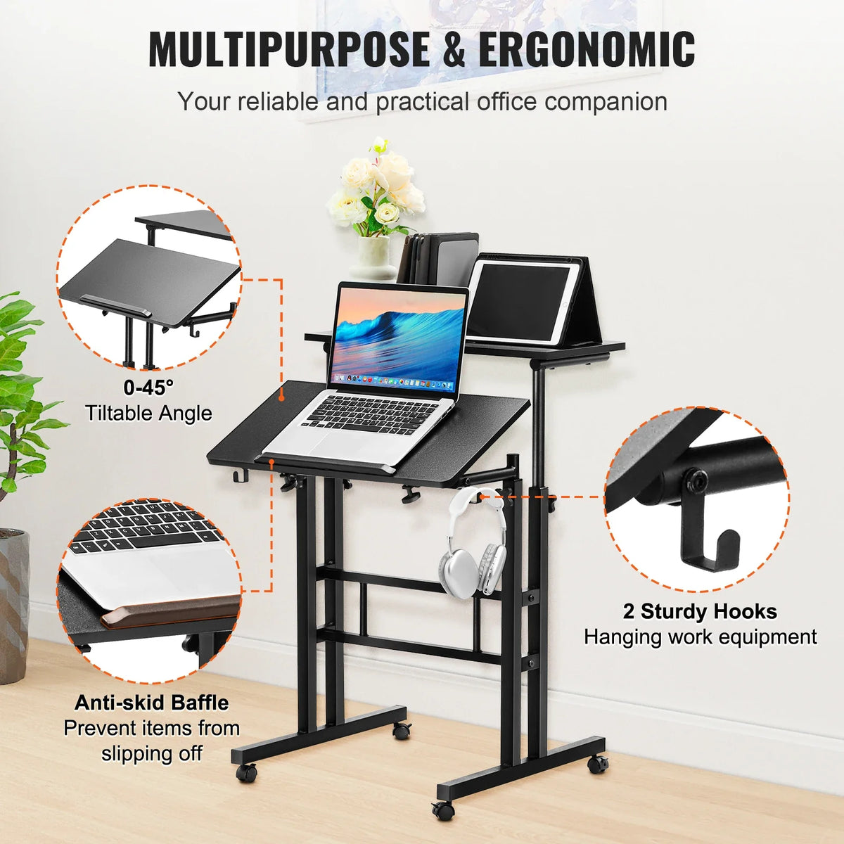 Mobile Standing Desk 26.4"-44.9" Gas-Spring Height Adjustable Sit-Stand Desk, Home Office Rolling Laptop Table  for Home