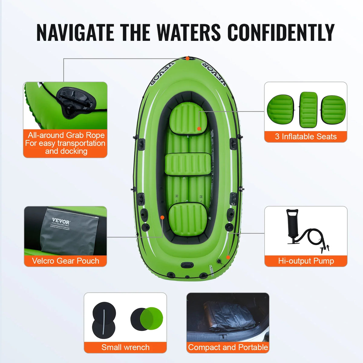 Inflatable Boat 4-Person Inflatable Fishing Boat Strong PVC Portable Boat Raft Kayak 45.6" Aluminum Oars High-Output Pump