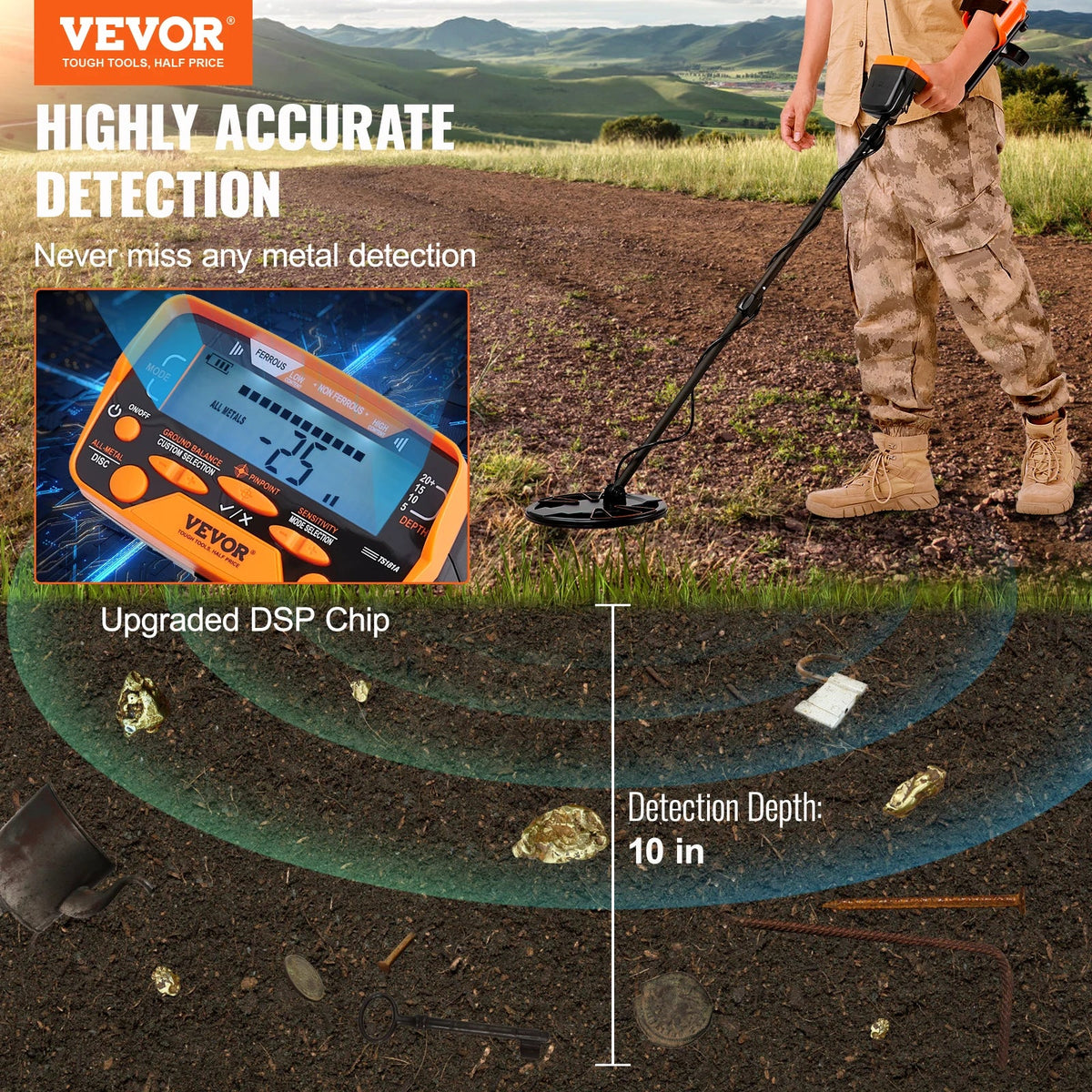 Metal Detector, 10 Inch Waterproof Search Coil with LCD Display 7 Modes, Adjustable 41''-52'' Aluminum Stem, DSP Chip