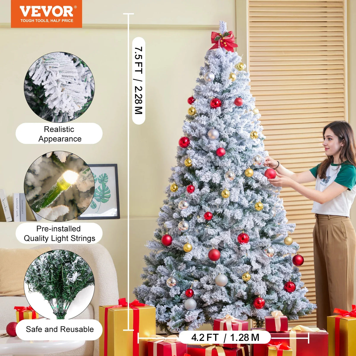 Christmas Tree 7.5ft Prelit Flocked Artificial Tree Full Holiday Xmas Tree Metal Base for Home Party Office Decoration