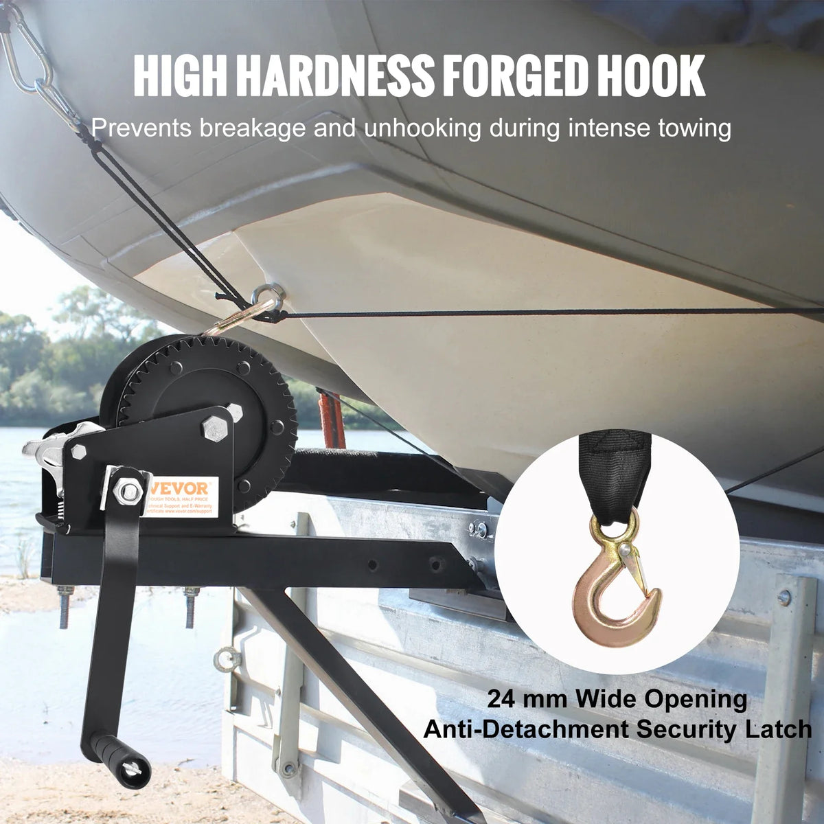 Hand Winch,Boat Trailer Winch Heavy Duty Rope Crank w/ 23ft Polyester Strap & Two-Way Ratchet,Manual Operated Crank Winch