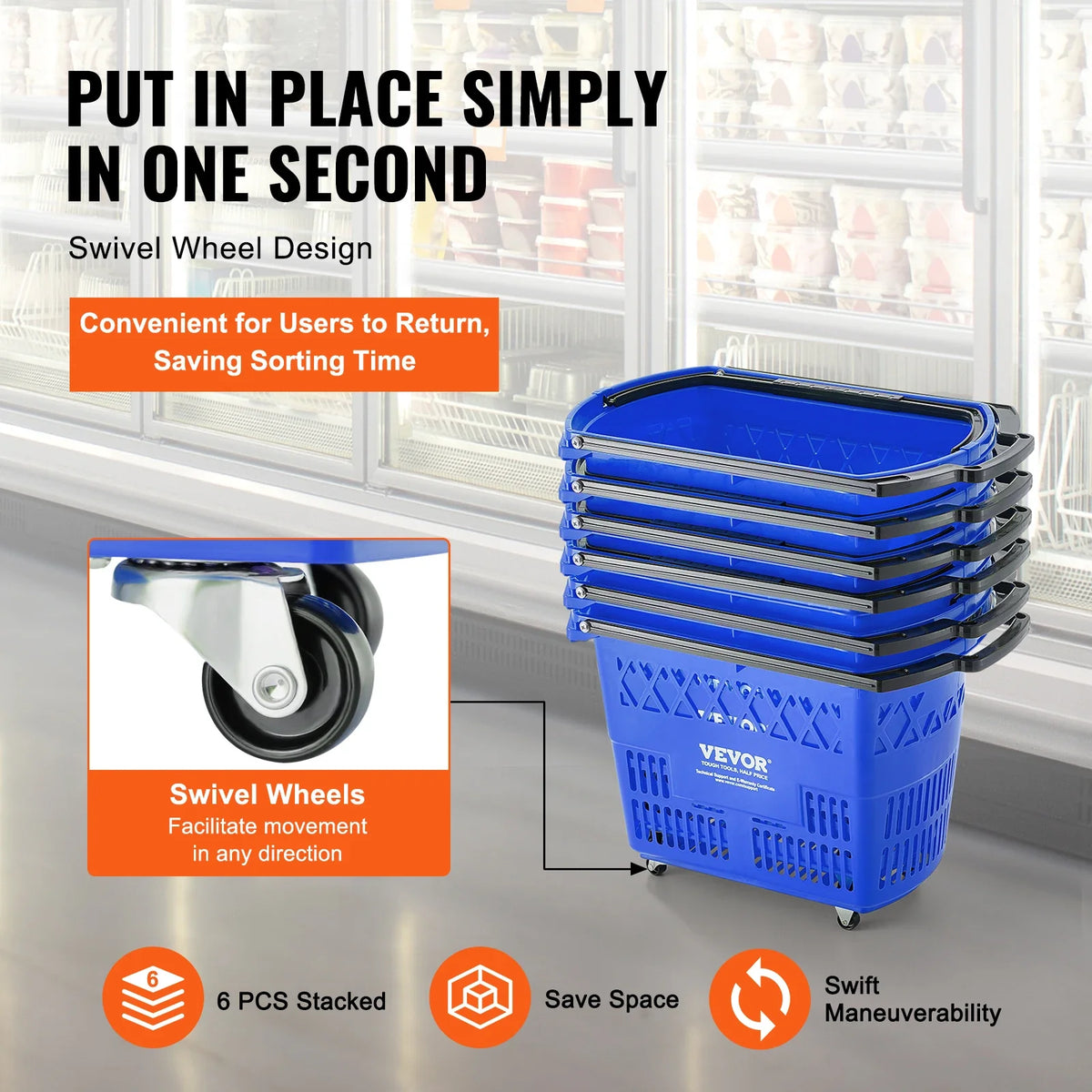 6PCS 39L Shopping Carts with Handles Plastic Rolling Shopping Basket with Wheels for Supermarkets Retail Stores Grocery