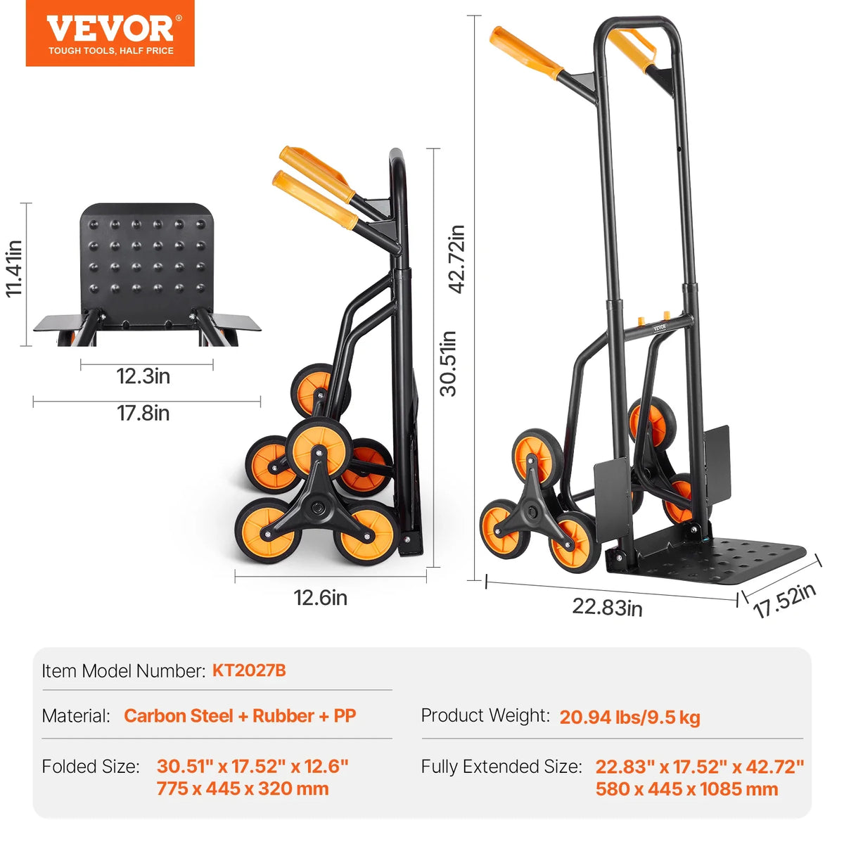 440 lbs Folding Hand Truck Dolly with Handle 6 Wheels & 2 Elastic Ropes Stair Climbing Cart for Shopping Moving Warehouse