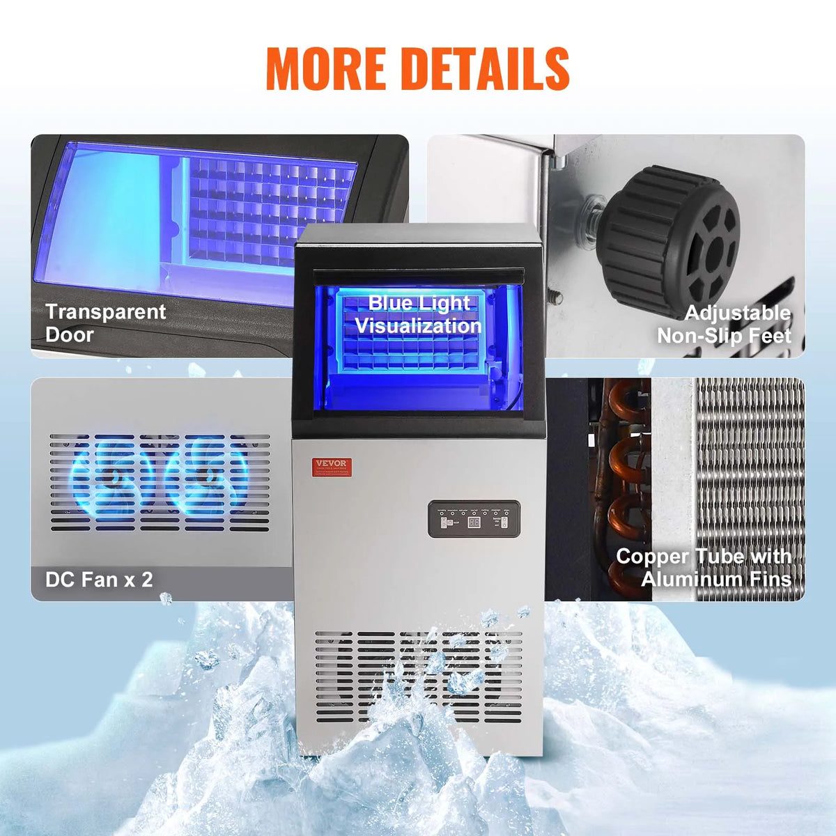 Commercial Ice Maker, 80lbs/24H, 40 Ice Cubes in 12-15 Minutes, Freestanding Cabinet Ice Maker w/ 27.5lbs Storage Capacity