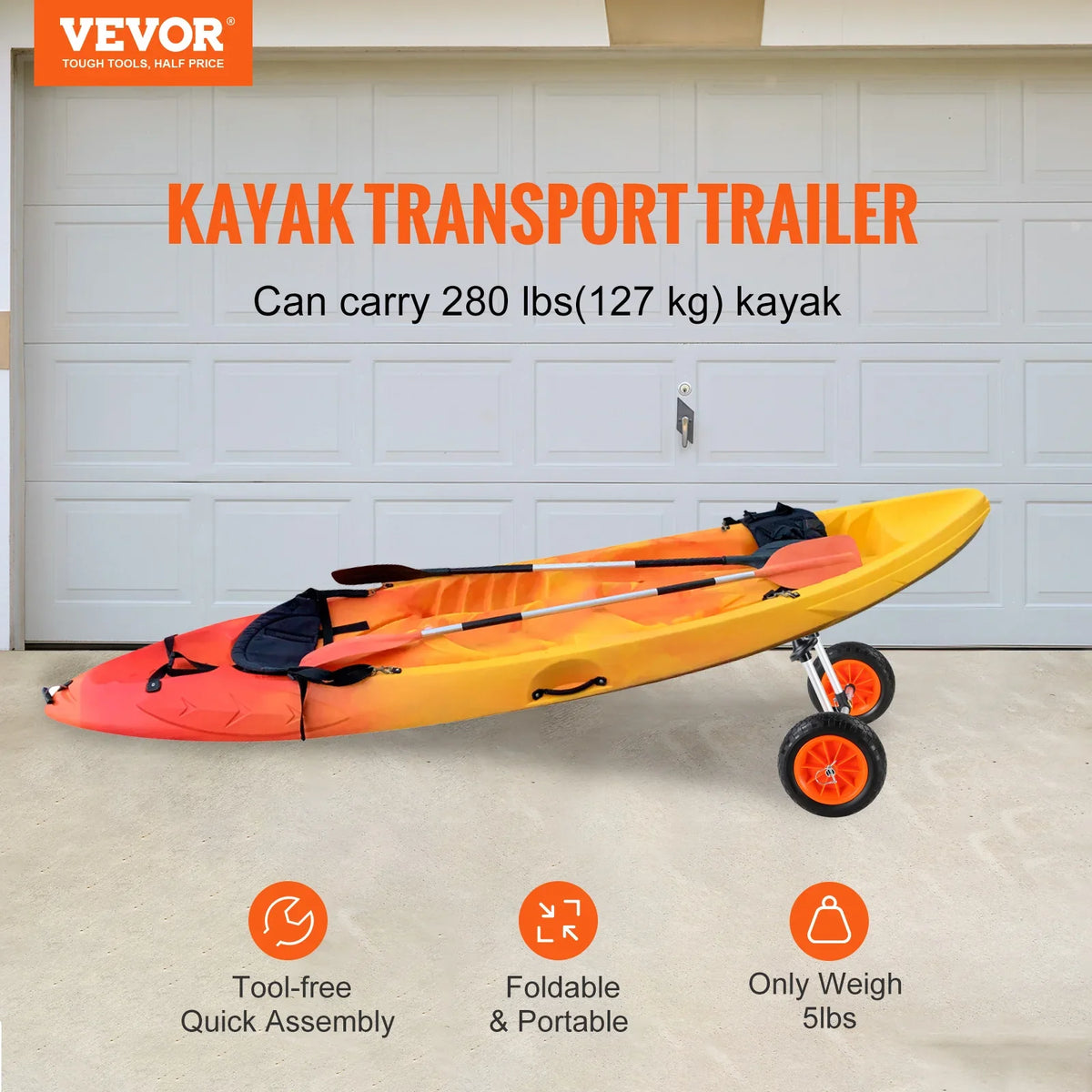 Heavy Duty Kayak Cart 280lbs Load Capacity Detachable Canoe Trolley Cart for Kayaks with Drain Holes of 2.54mm and Above