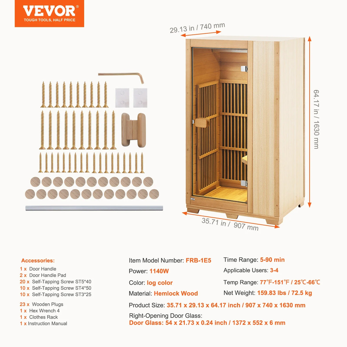 Far Infrared Wooden Sauna Room Low EMF Wood Sauna with LED Lamp & Bluetooth 1400W Indoor Use Sauna Spa for Single Person