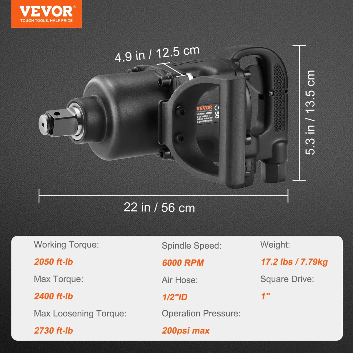 1 Inch Air Impact Wrench, Up to 2730 ft-lbs Reverse Torque Output 1" Pneumatic Impact Gun Lightweight w/ 2 Handles