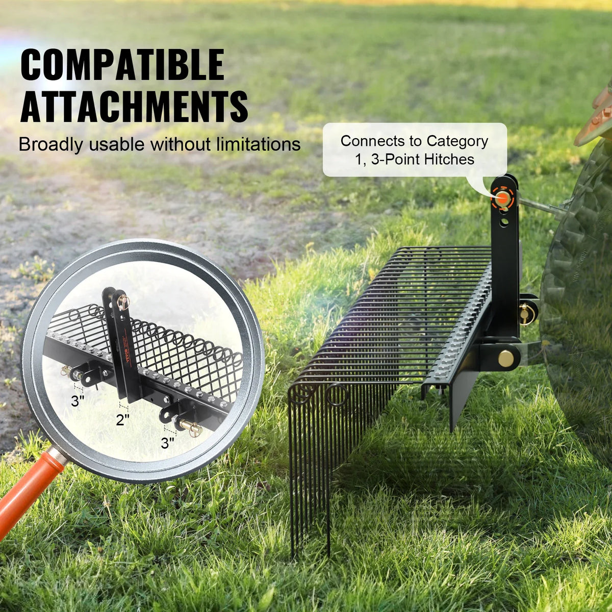 Tow Behind Landscape Rake 72" 32 Steel Tines Tow Lawn Dethatcher Rake Attaches to Tractor for Leaves/Pine Needles/Grass