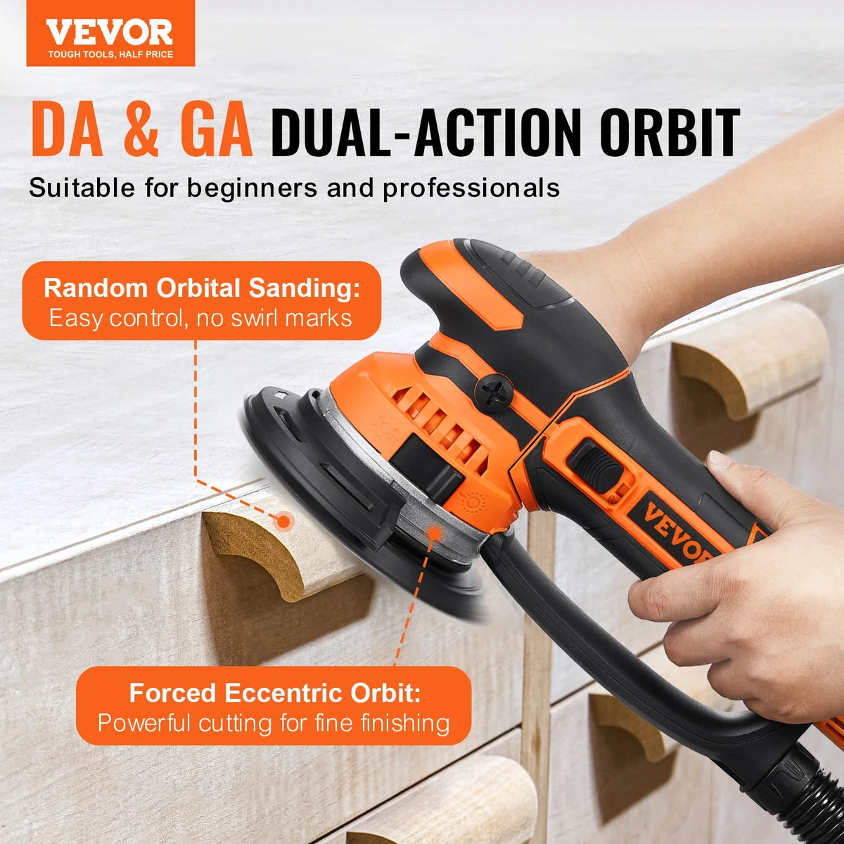 Random Orbital Sander 850W DA&GA Dual Action Orbital Sander 7400PRM 6 Variable Speed Electric Sander w/10PCS Sandpapers