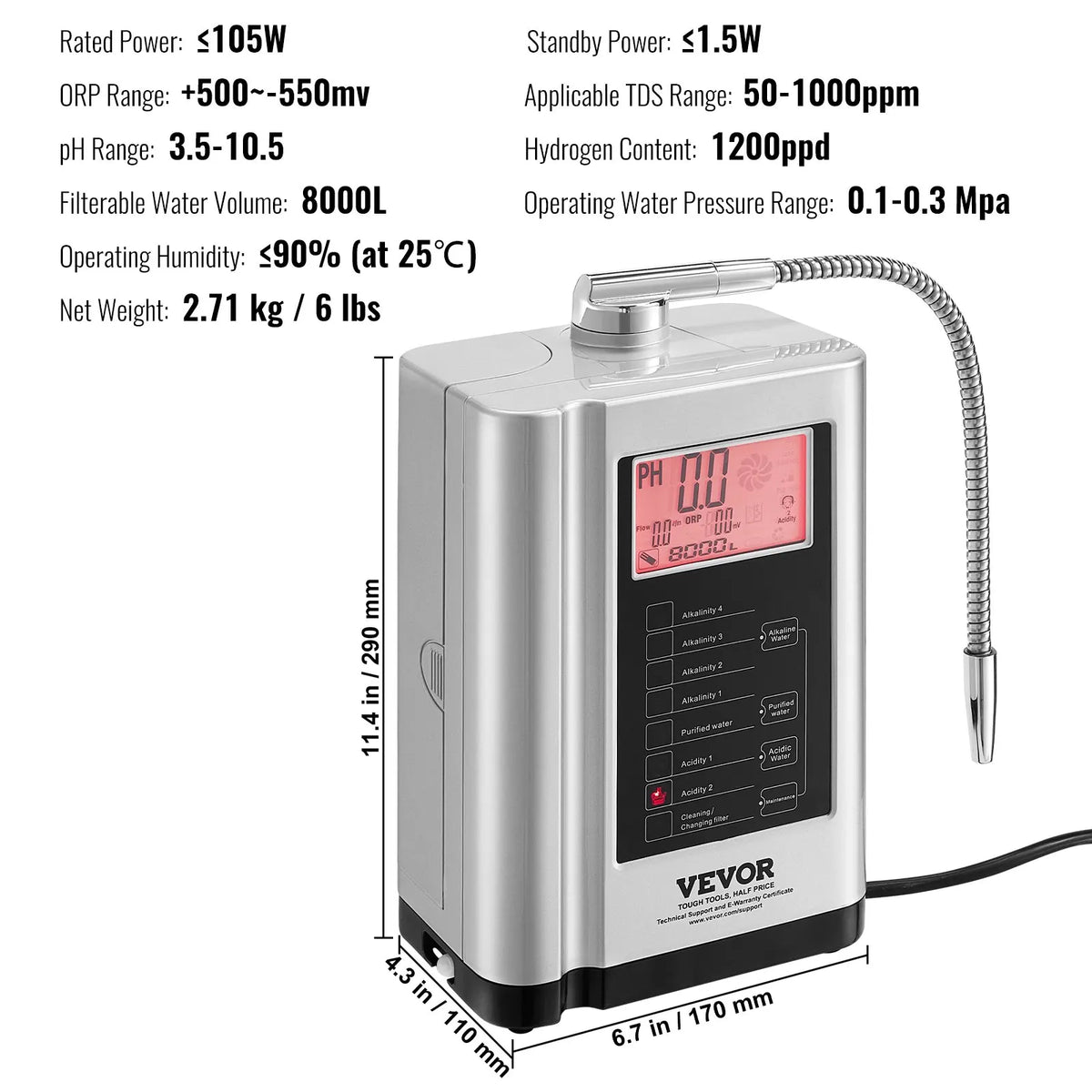 Alkaline Water Ionizer Machine,pH3.5-10.5 Alkaline Acidic Hydrogen Water Purifier,7Water Settings System,8000L Per Filter