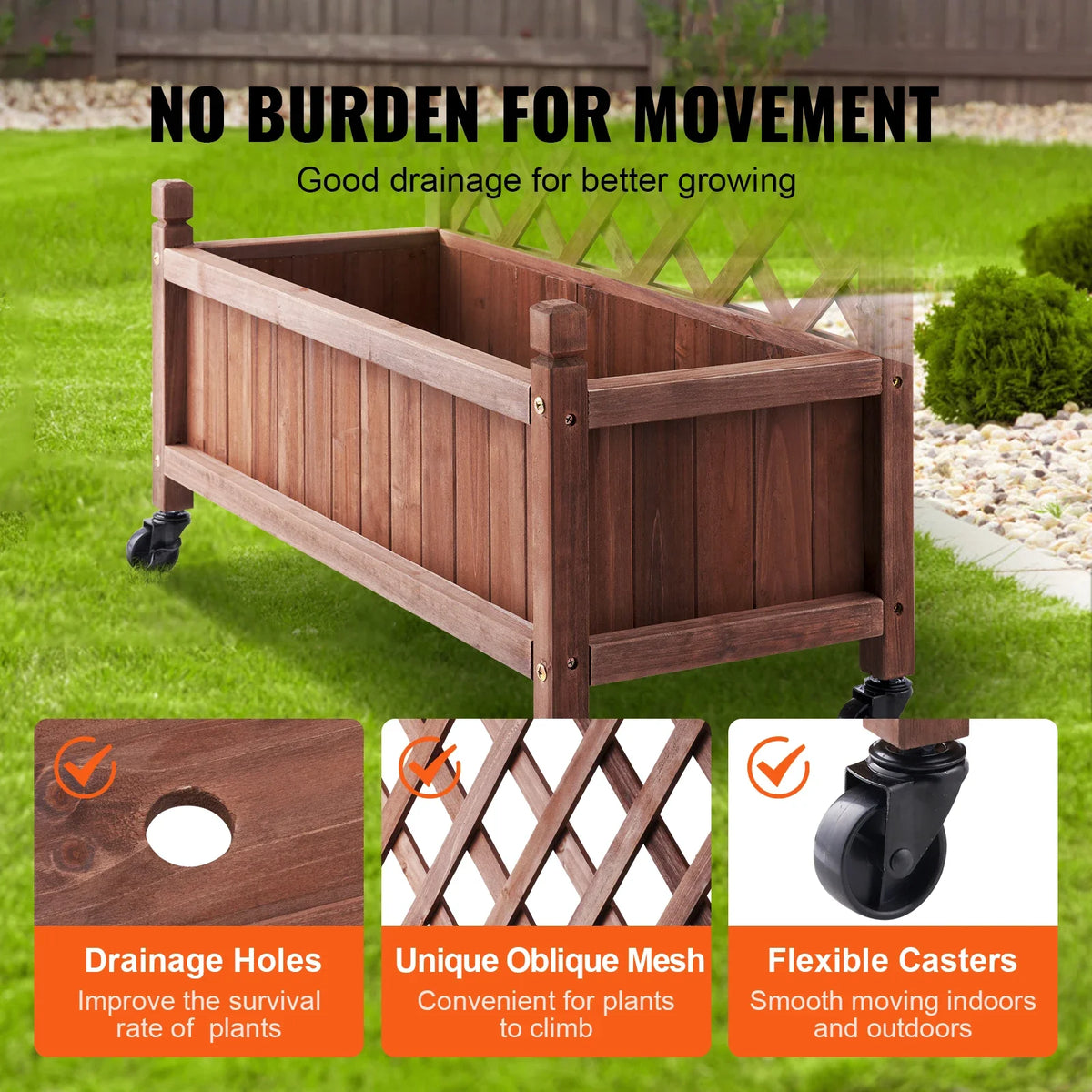 Raised Garden Bed with Trellis Outdoor Raised Wood Planters with Drainage Holes for Vine Climbing Plants Flowers in Garden