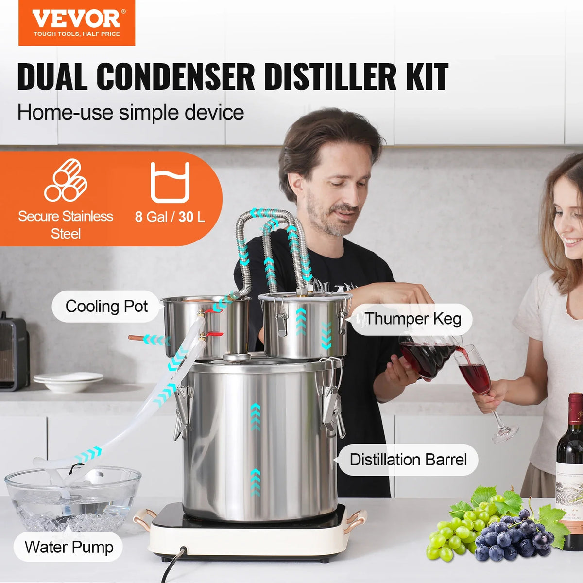 30L Stainless Steel Water Alcohol Distiller with Copper Coil for Fast Cooling,Dual Condenser Distiller Kit for Wine Whisky