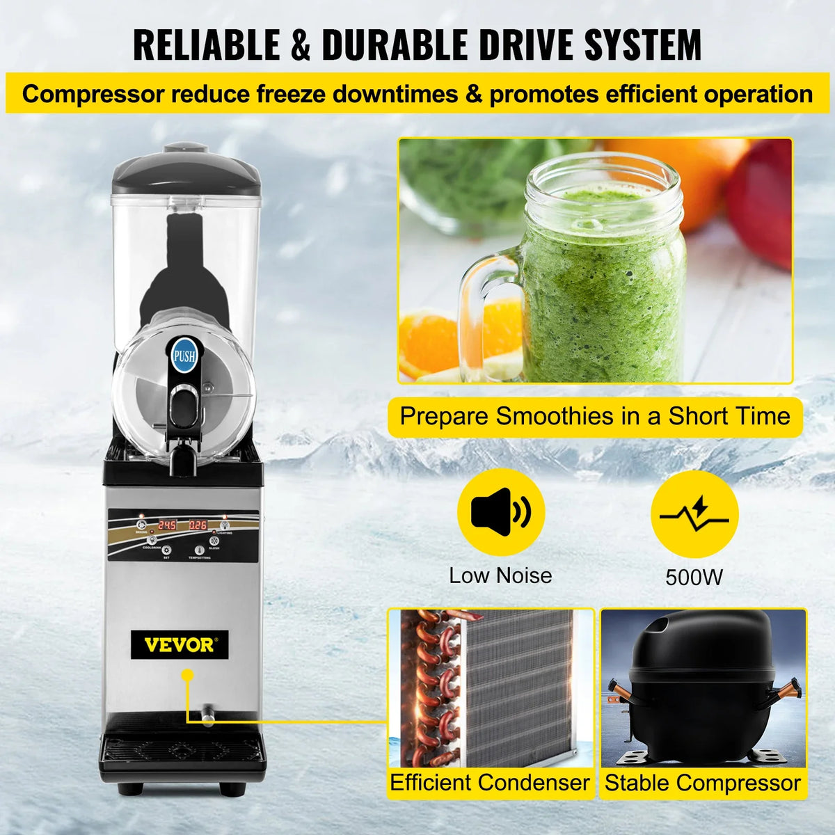Commercial Slushy Ice Machine, 1X15L Commercial Slushy Machine, Stainless Steel Smoothie Frozen Drink Maker,500W for Cafes