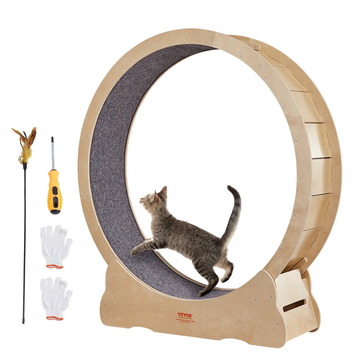 Cat Exercise Wheel Natural Wood Silent Running Toy Treadmill Roller Wheel with Detachable Carpet for Most Cats Pet Fitness