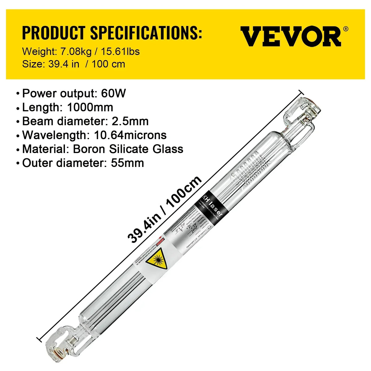 CO2 Laser Tube 40-150W 80mm Glass Dia, 700-1830mm Length High-Power Engraving Cutting Machine Long Service Life