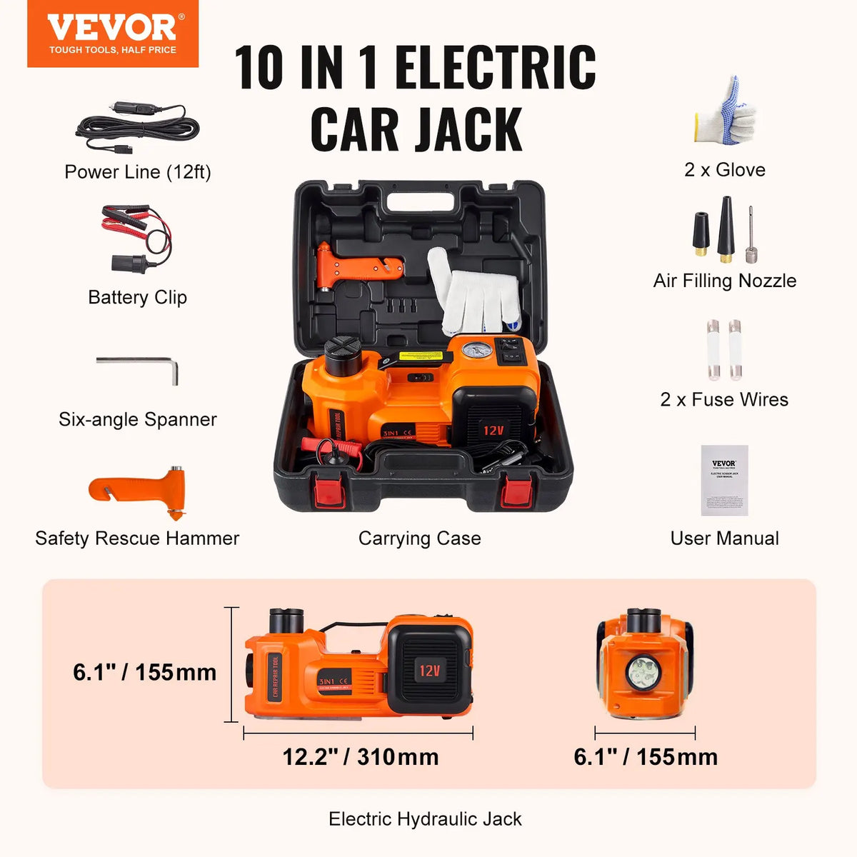 Electric Car Jack, 5 Ton/11023 LBS Hydraulic Jack Lift with Electric Impact Wrench, Built-in Inflatable Pump
