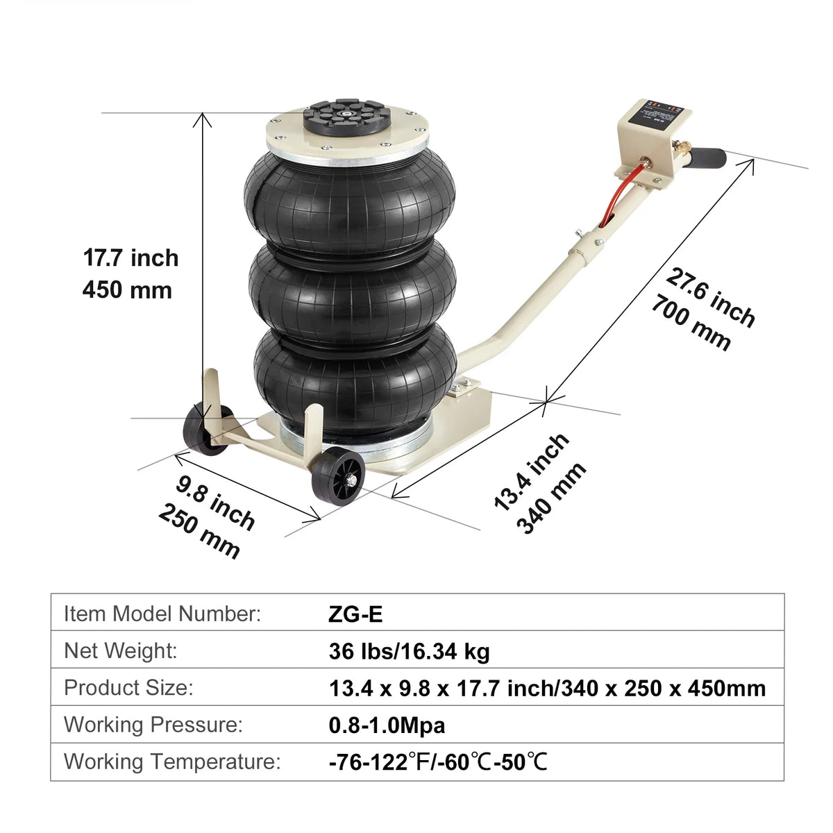 3 Ton/6600 lbs Triple Bag Air Jack, with Six Steel Pipes, 3-5 s Fast Lifting  with Long Handles for Cars Garages Repair