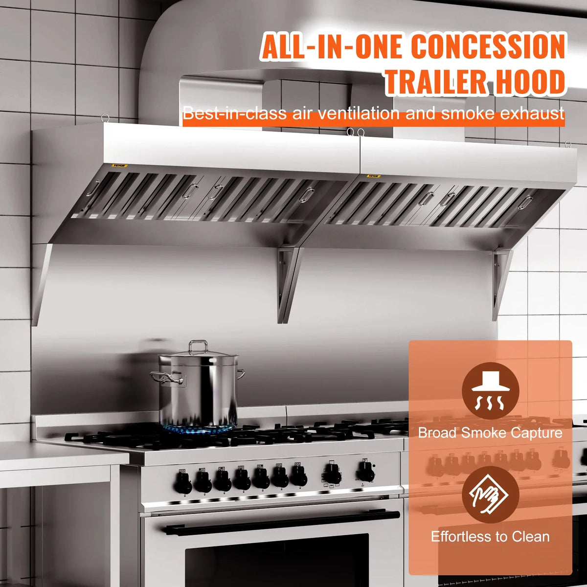 Commercial Exhaust Hood, 4FT Food Truck Hood Exhaust, 201 Stainless Steel Trailer Hood w/2 Detachable U-shaped Filter Mesh