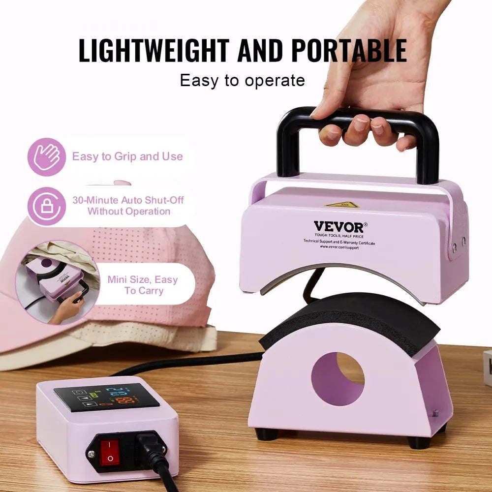 Hat Press Machine Mini Hat Heat Press for Caps Cap Heat Press Machine Safety Base and Glove Automatic Shut-Off Purple