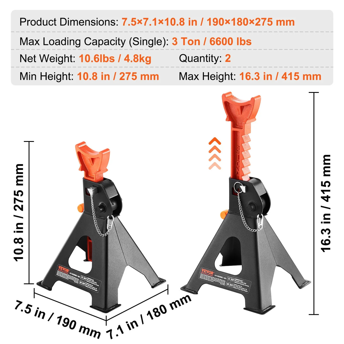 1 Pair Jack Stands, 3/6 Ton Capacity Car Jack Stands Double Locking, for lifting SUV, Pickup Truck, Car and UTV/ATV