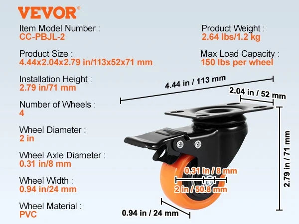 2/3/4/5/6-inch Swivel Plate Casters Set of 4 with Security Dual Locking PVC Caster Wheels for Cart Furniture Workbench