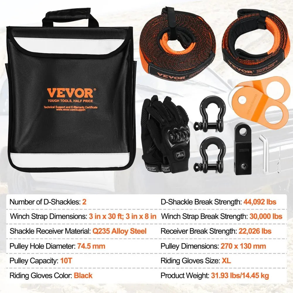 Off-Road Recovery Kit  Heavy Duty Winch Recovery Kit with 30000 lbs Tow Straps D-Ring Shackles Shackle Receiver