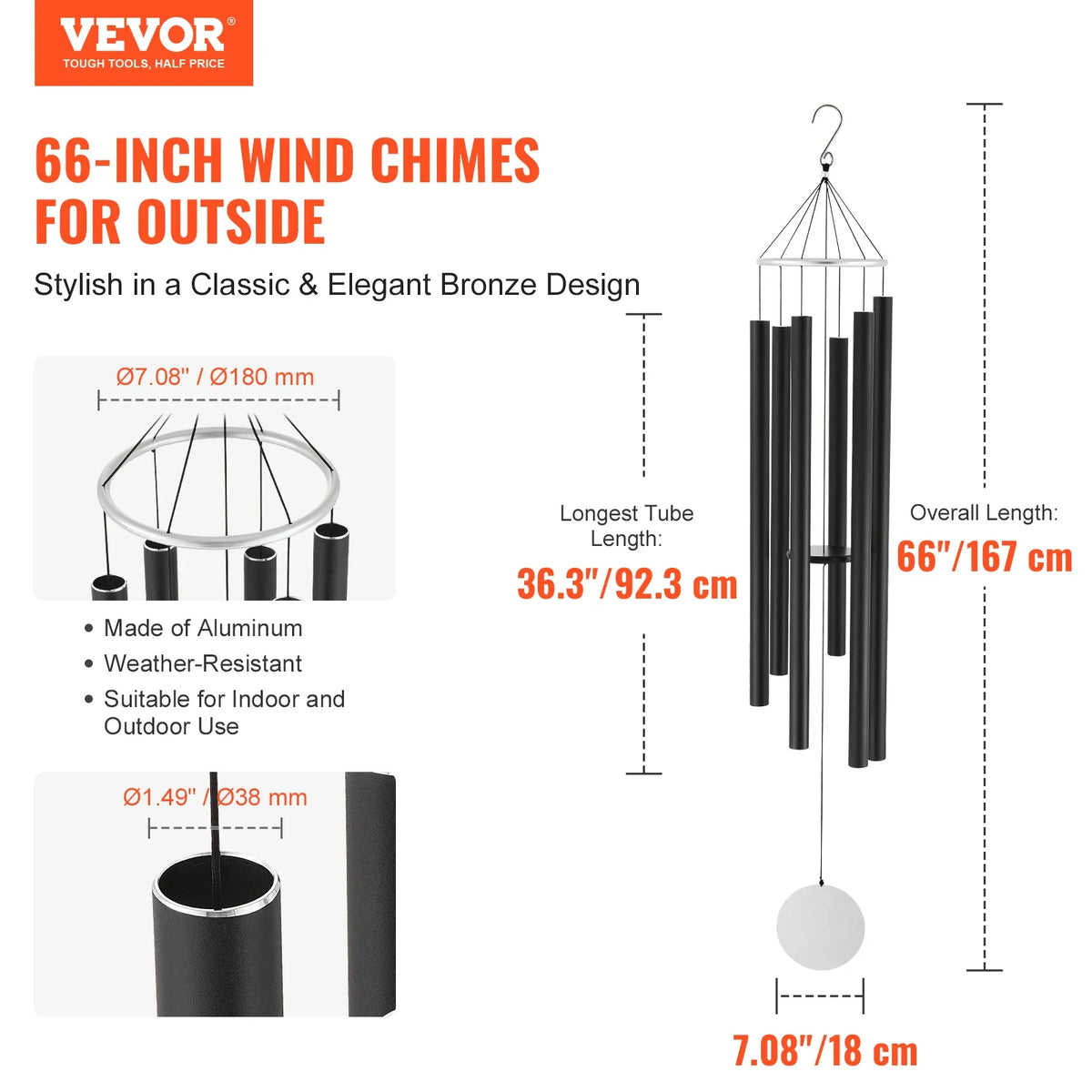 Wind Chimes with 6 Tubes Outside Deep Tone Wind Chimes Unique Large Memorial Wind Chimes Outdoor Decor for Patio/Porch