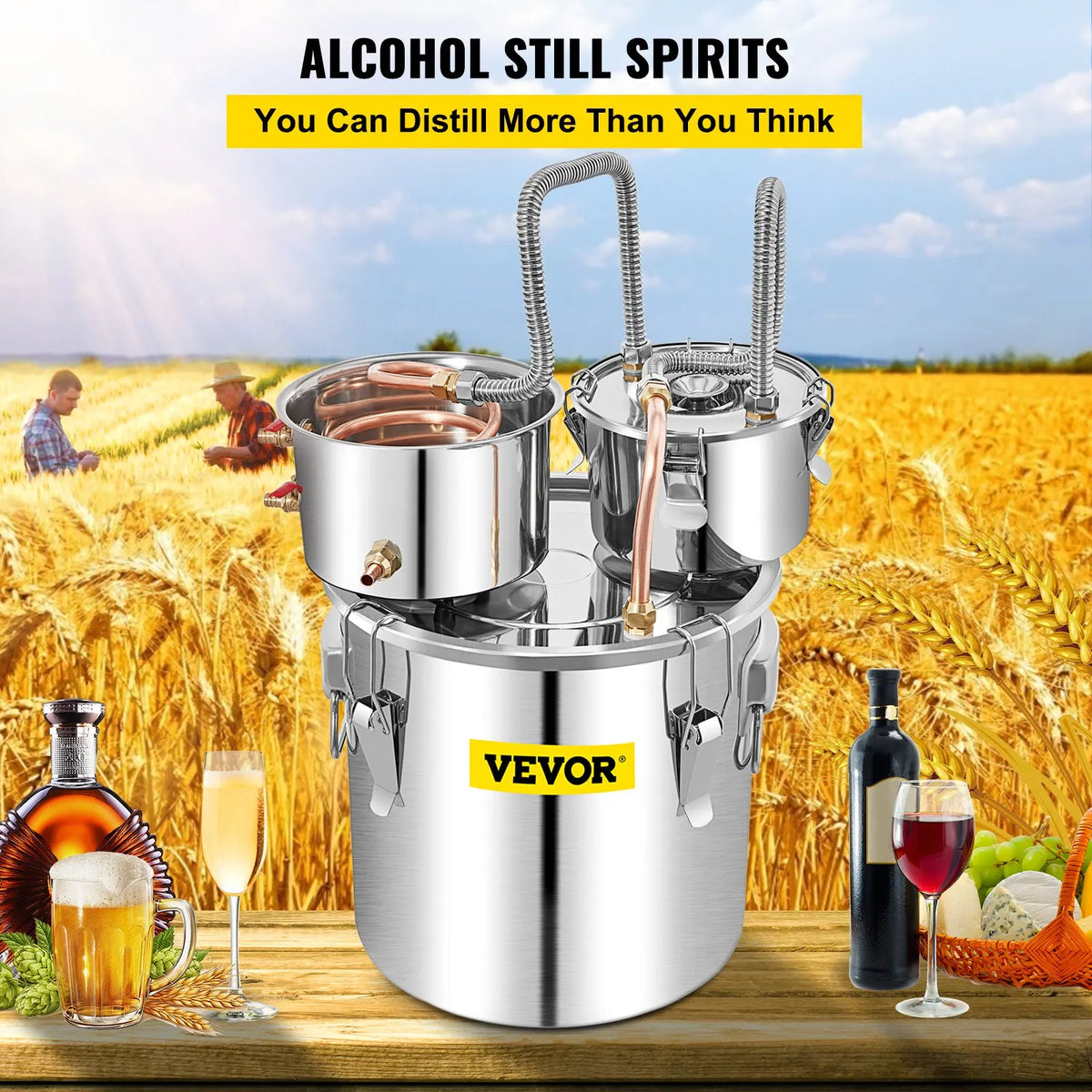 11L-50L Stainless Steel Moonshine Still Distiller w/Copper Tube, Built-in Thermometer & Circulating Pump- Home Brewing Kit