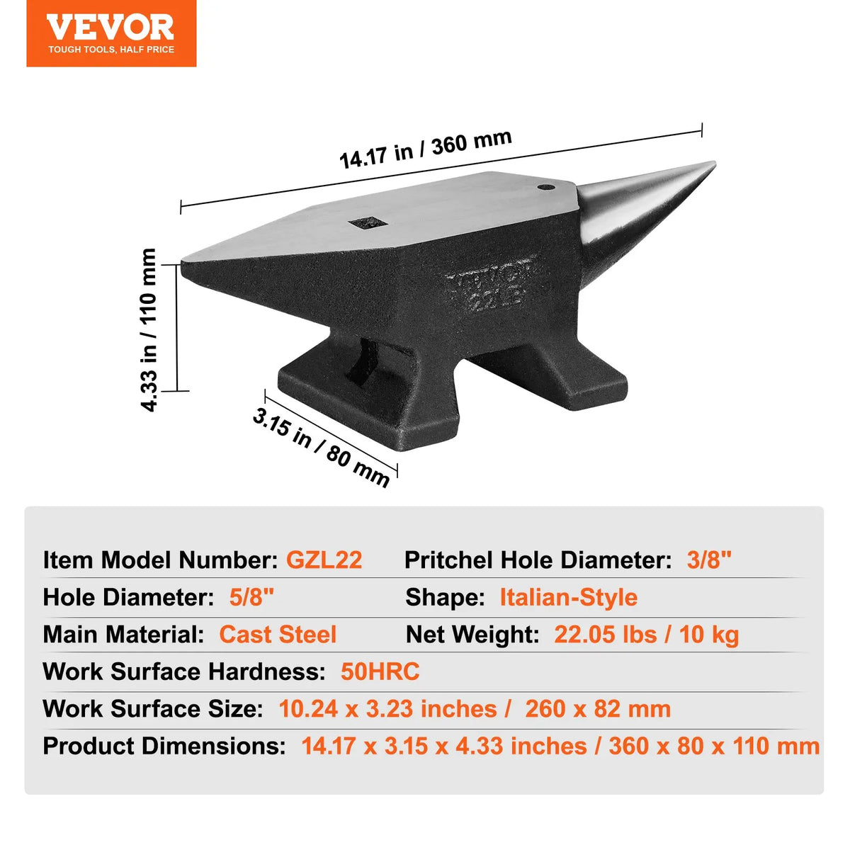 Single Horn Anvil,9/22/66 Lbs Cast Steel Anvil High Hardness Rugged Round Horn Anvil Blacksmith with Round and Square Hole