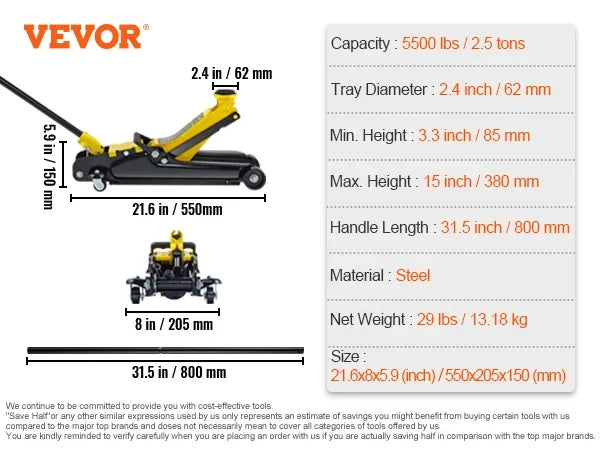 2.5T Floor Hydraulic Jack Pneumatic Low Profile Floor Jack Heavy-Duty Steel Racing Floor Jack with Single Piston Lift Pump