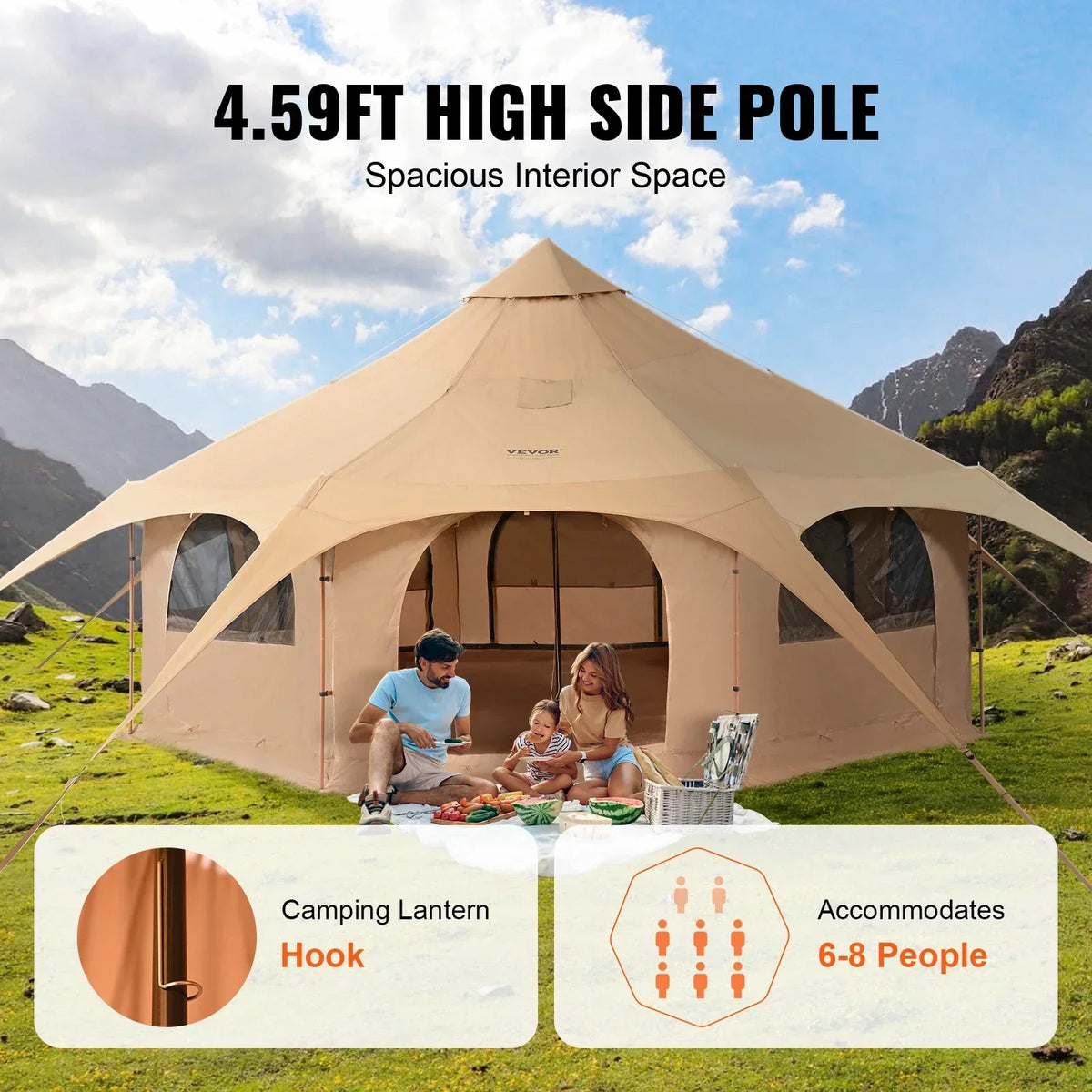 Canvas Tent 5 m/16.4 ft Bell Tent for Camping w/Stove Jack Breathable Yurt Tent for 8 People Camping Outdoor Hunting Party
