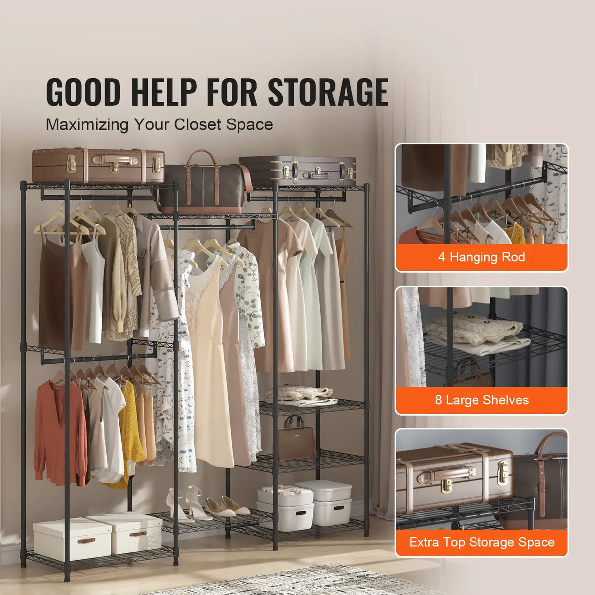 Floor Clothes Rack Rolling Clothing Garment Rack Adjustable Rack Movable Floor Wardrobe for Hanging Clothes 800lbs Load
