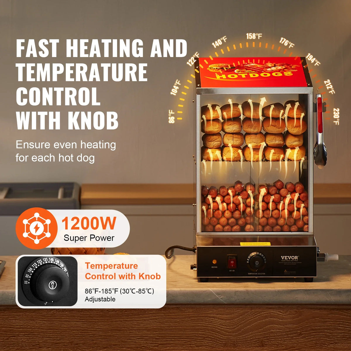 Hot Dog Steamer, 39QT, 2-Tier Hot Dog Hut Steamer, 86℉~185℉ Temp Control, Electric Bun Warmer w/Tempered Glass Slide Doors
