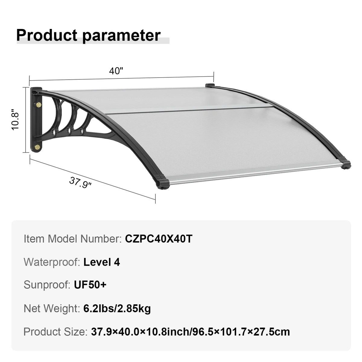 Window Door Awning Canopy 3 Sizes UPF 50+ Polycarbonate Entry Window Awning Front Door Overhang Awning for Sun Shutter