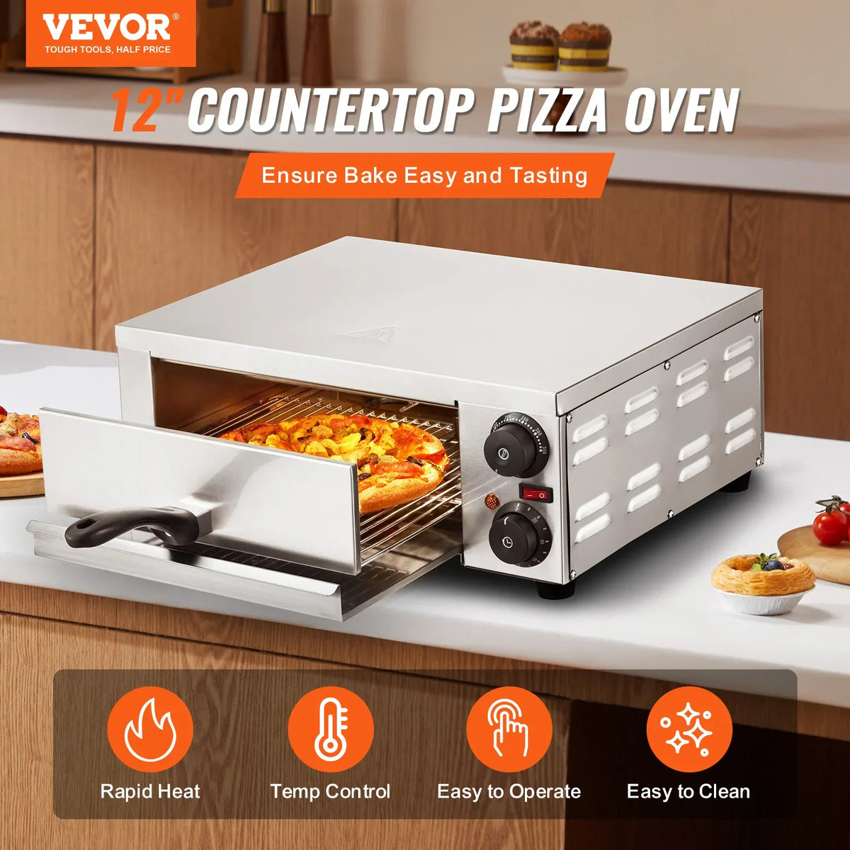 Electric Pizza Oven, 12-inch, 1500W, with Temp Control & 0-120 Min Timer, Even Baking Technology & Easy Clean Crumb Tray
