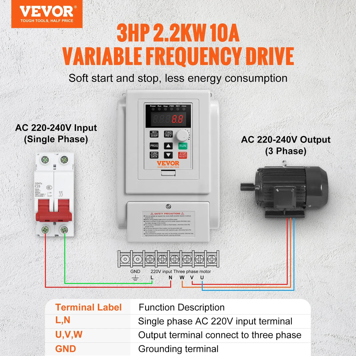 2.2KW VFD Inverter Variable Frequency Drive Converter AC 220V 3P Output Speed Controller for Water Pump Motor CNC