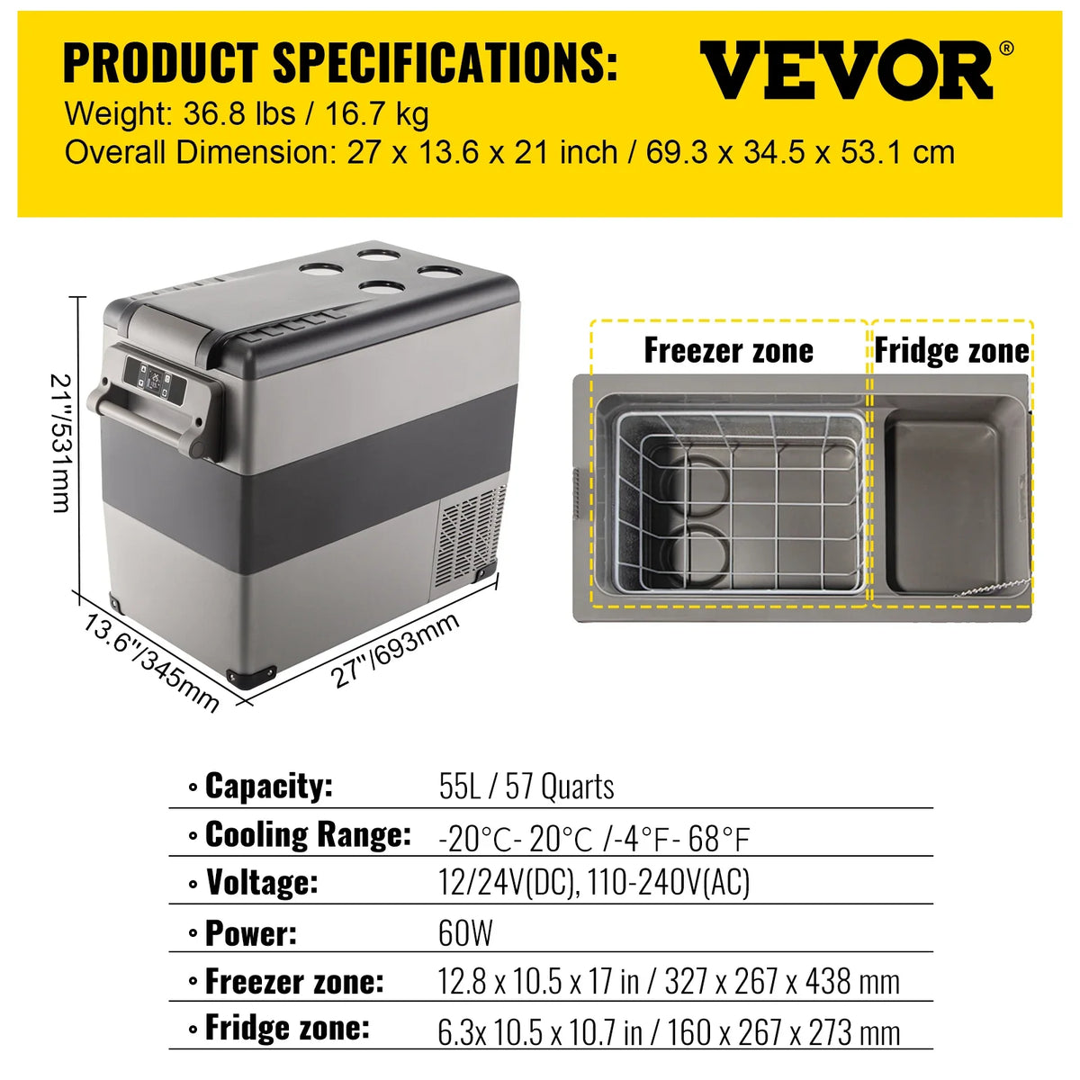 55L Car Refrigerator Mini Fridge Freezer Portable Compressor Cooler 12/24V DC 110-240V Ice Box for Camping