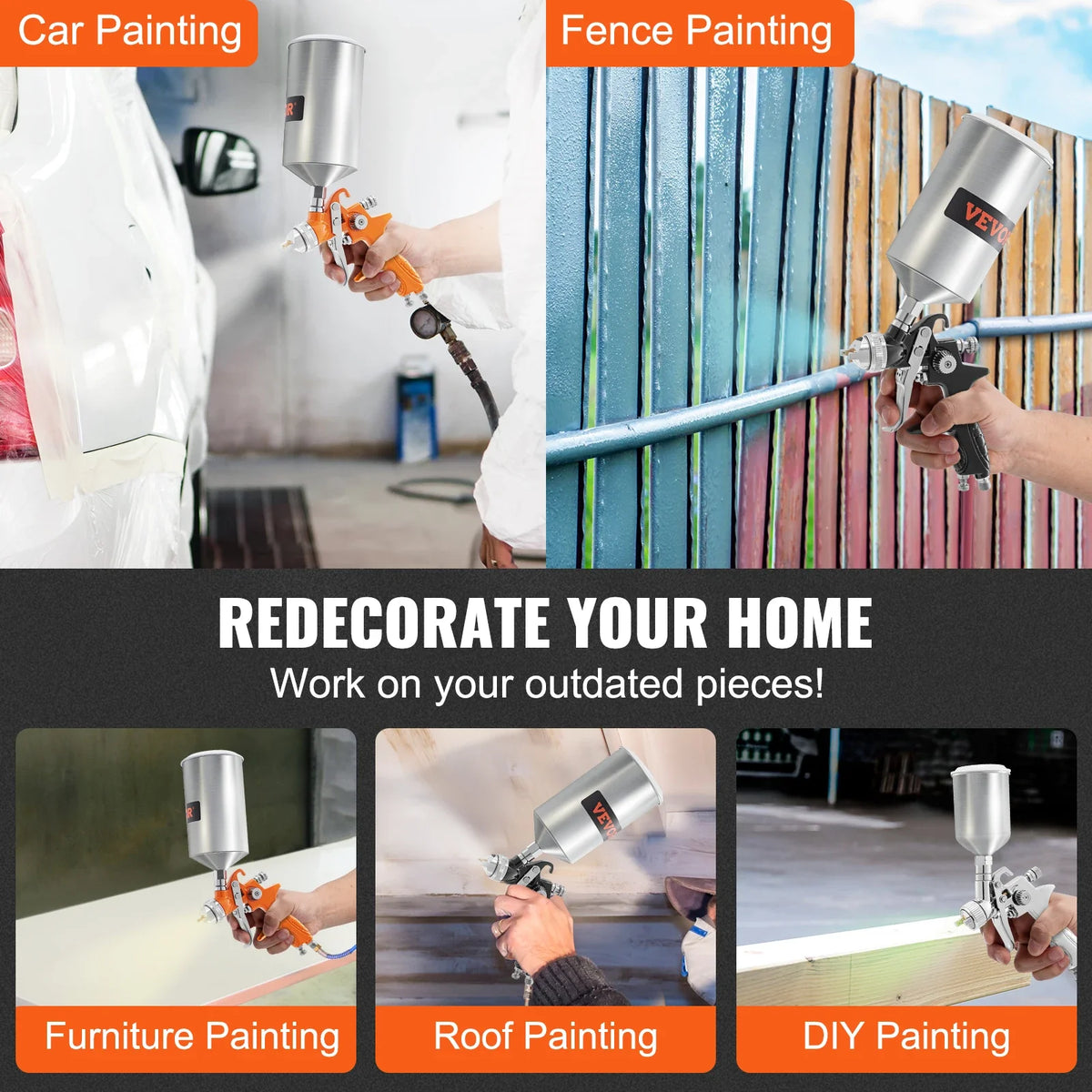 Professional Paint Air Sprayer Gun Set 11 Piece with 2 Full Size 1000cc Capacity Air Regulator & Gauge for Furniture Fence