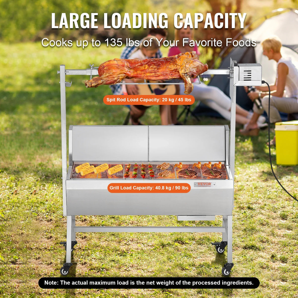 Rotisserie Grill with Windscreen, BBQ Whole Pig Lamb Goat Charcoal Spit Grill, 35 Inch 90 Lbs Capacity, Electric 42W Motor