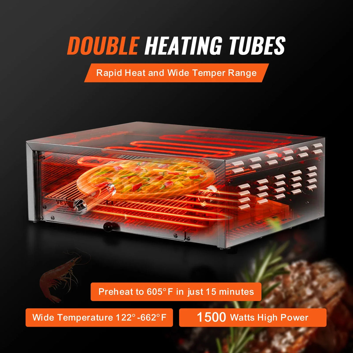 Countertop Electric Pizza Oven,12-inch,1500W,122-662℉ Temp Range,Stainless Steel Construction and Easy-to-Clean Crumb Tray