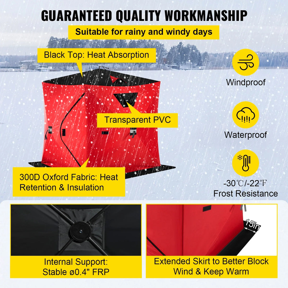 Ice Fishing Tent Warm Awning Pop-Up 2-Person Oxford Fabric Waterproof Windproof Canopy for Winter Fishing Camping Hiking