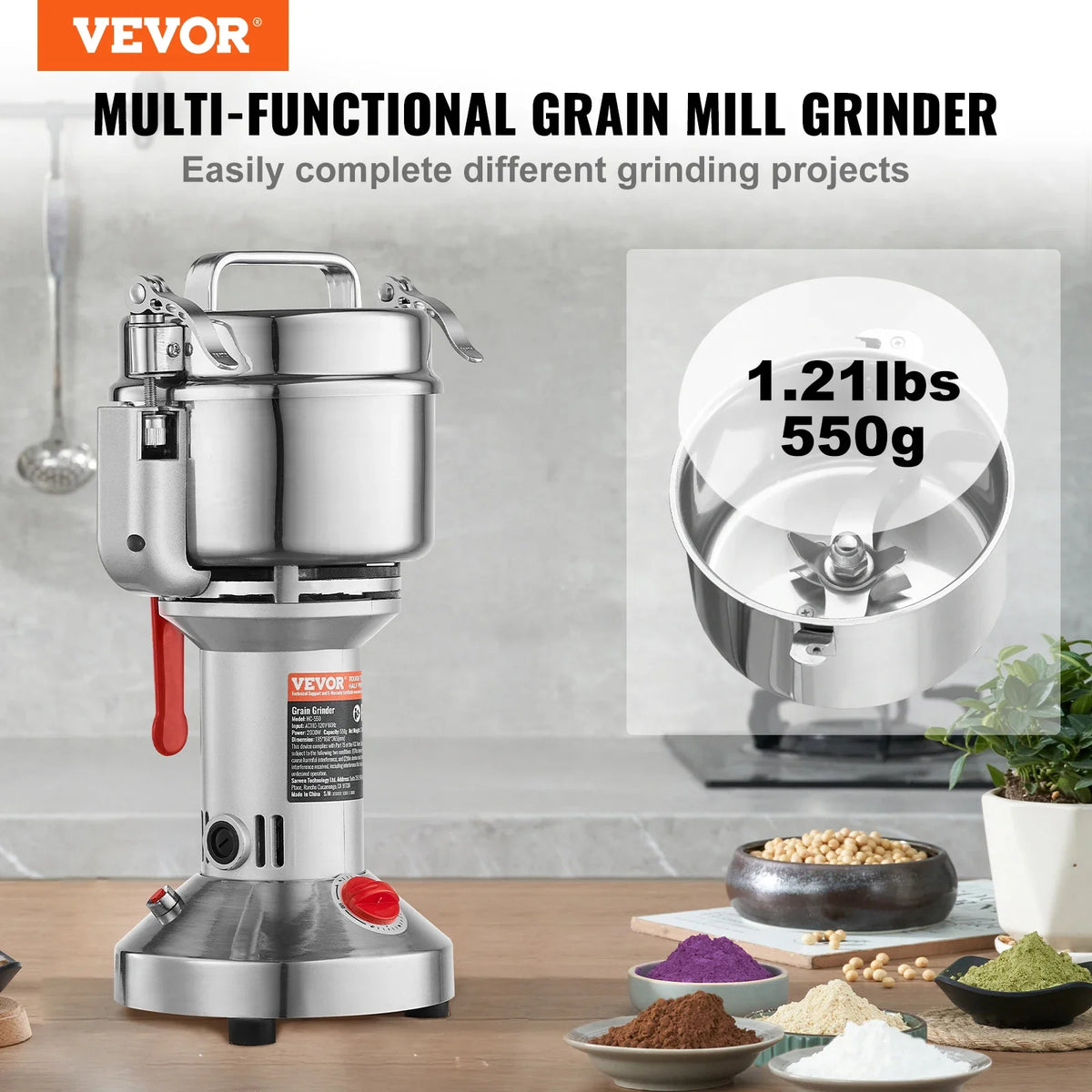 550g Electric Grain Mill Grinder, High Speed 2000W Commercial Spice Grinders, Stainless Steel Pulverizer Powder Machine