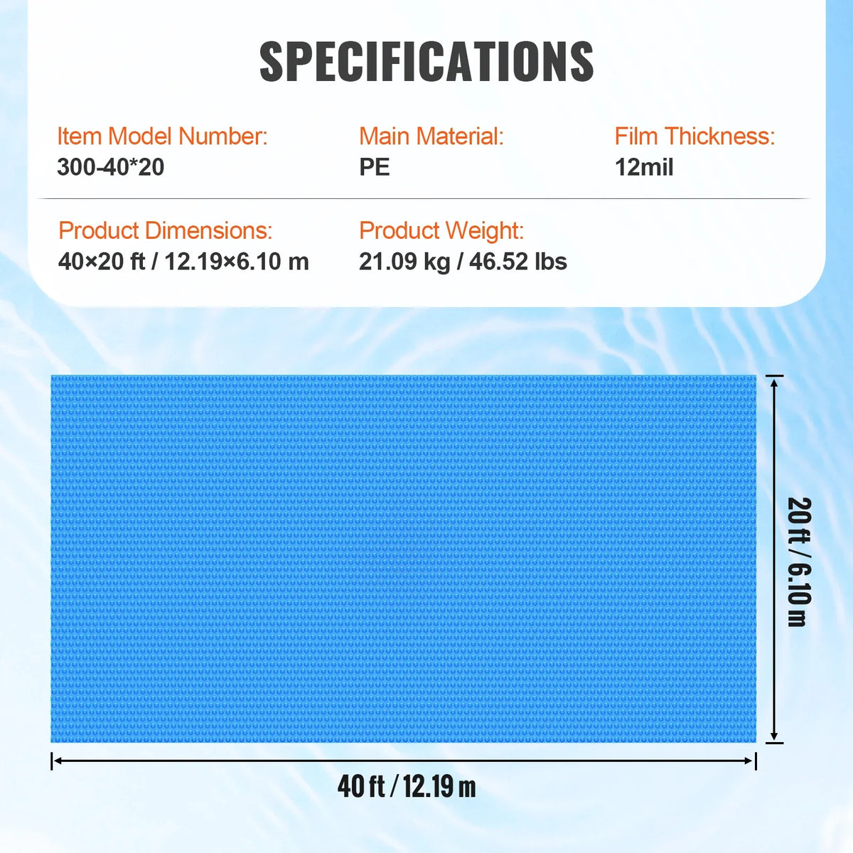 Solar Pool Cover, 40 x 20 ft Rectangle Solar Blanket for Pools, Inground Above Ground Swimming Pool Solar Cover