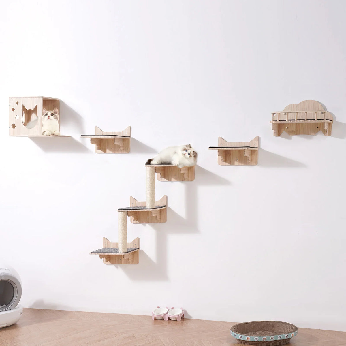 Wall Mounted Cat Shelves Cat Wall Shelves and Perches Cat Floating Furniture up to 40lbs for Sleeping/Playing/Climbing Set