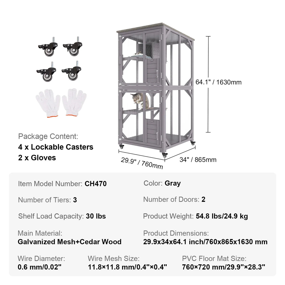 Cat House Outdoor 3-Tier Large Catio Cat Enclosure DIY Cat Fence Cage Metal Wire Kennel Indoor Cats Rabbit House for Pets