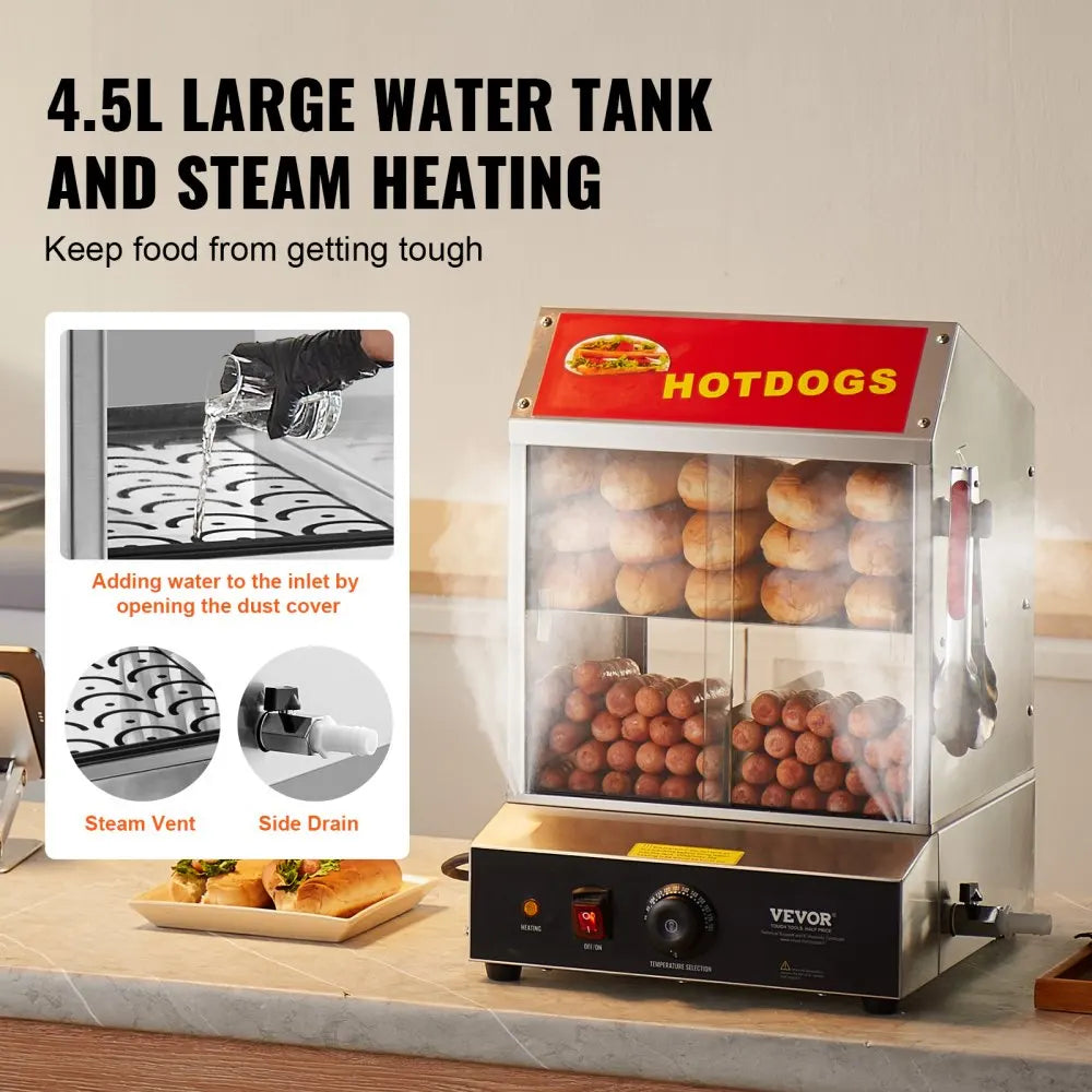 27/37 L 2 Tiers Hot Dog Steamer with Temperature Control Stainless Steel Electric Bun Warmer for Hot Dogs&Buns for Cinema