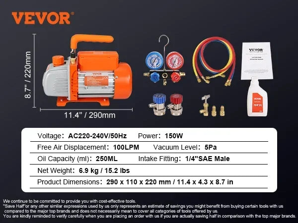 3.5/4.5CFM Single Stage Rotary Vane HVAC Air AC Vacuum Pump & A/C Refrigerant Kit Manifold Gauge Set for Car Repair ﻿