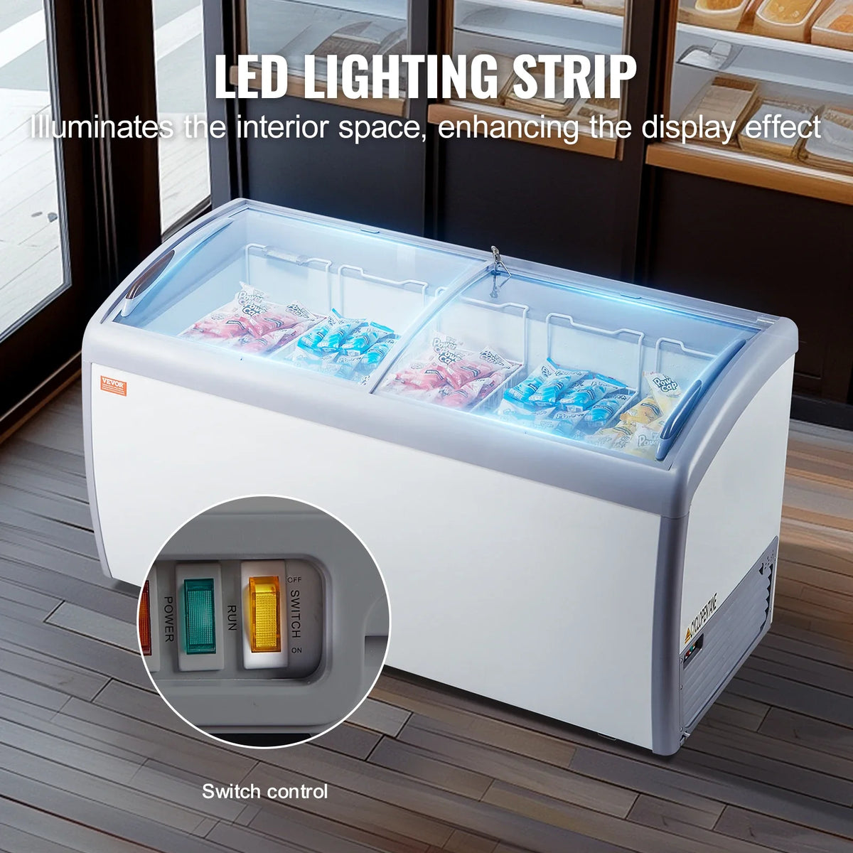 Commercial Ice Cream Display Case,16.3 Cu.ft Chest Freezer,Mobile Glass Top Deep Freezer,Restaurant Gelato Dipping Cabinet