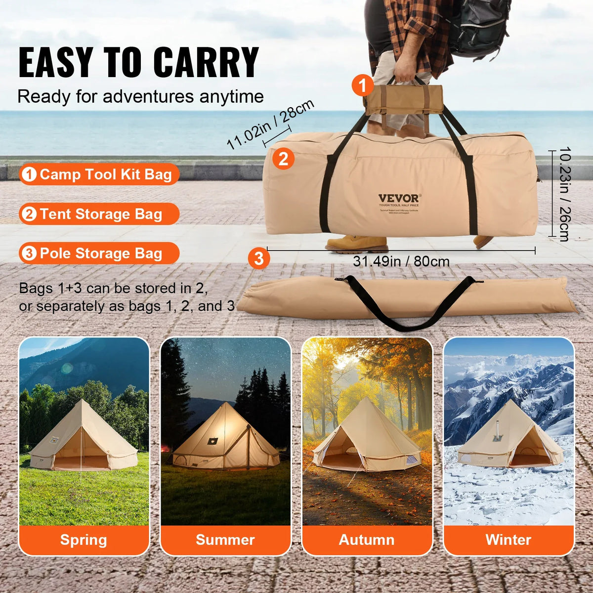 Canvas Bell Tent 4 Seasons Canvas Tent for Camping with Stove Jack Breathable Tent Family Camping Outdoor Hunting Party