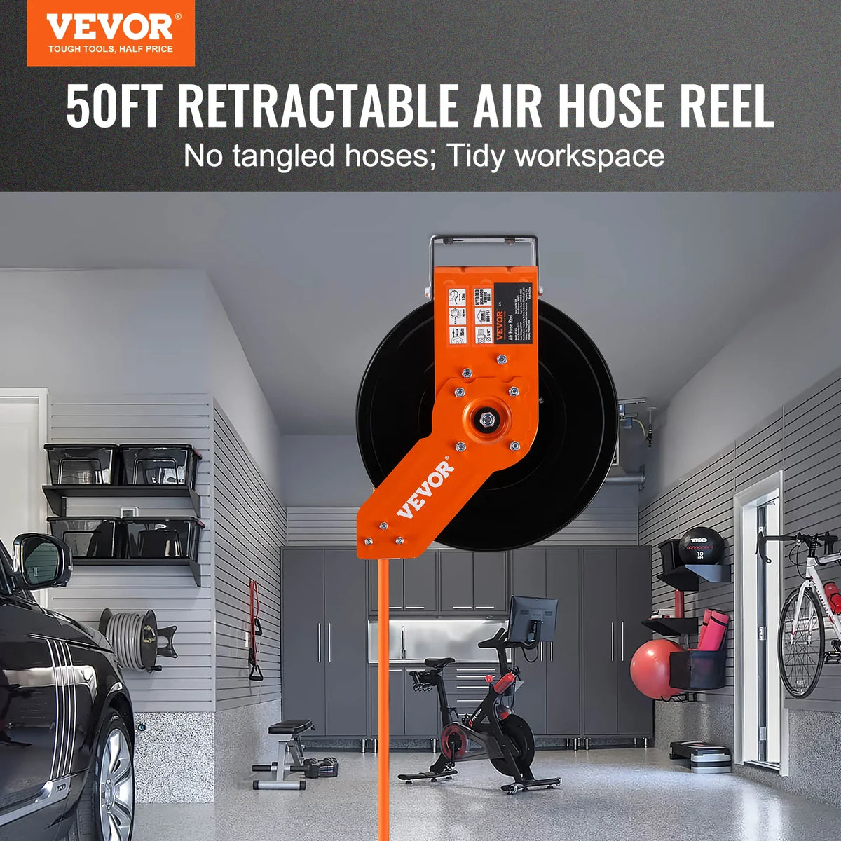 Retractable Air Hose Reel,3/8IN x 50Ft Hybrid Air Hose 300PSI,Air Compressor Hose Reel w/5 ft Lead in,Ceiling/Wall Mount